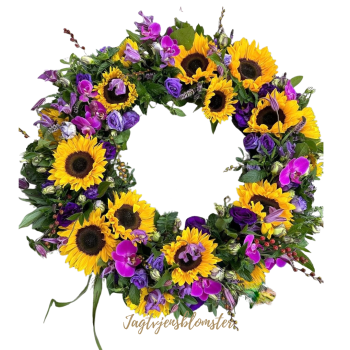 Rund blomster krans - solsikker pyntet med lilla orkider