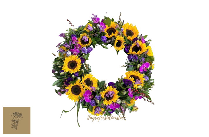 Rund blomster krans - solsikker pyntet med lilla orkider